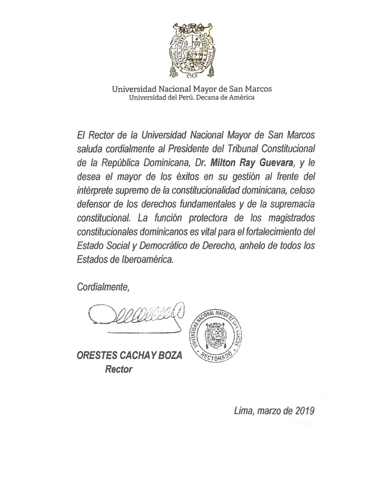 Rector Universidad Mayor de San Marcos en Perú saluda labor del Tribunal Constitucional