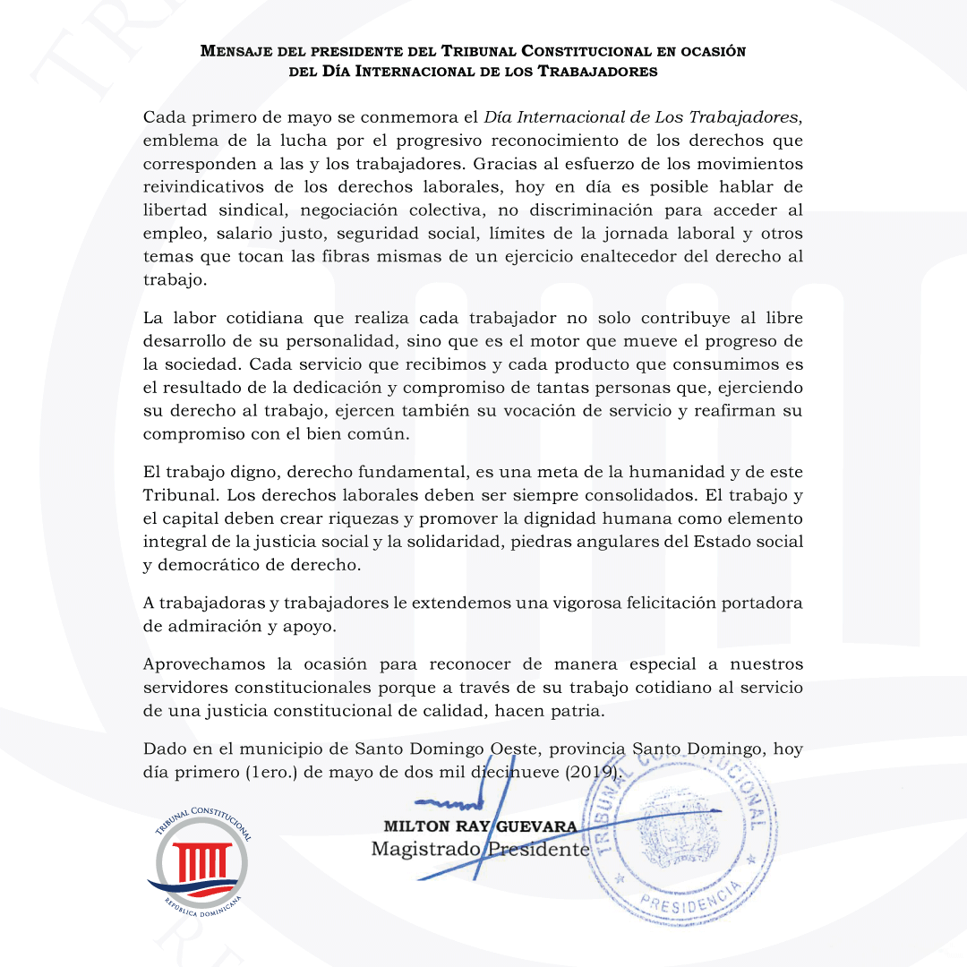 Mensaje del presidente del Tribunal Constitucional en ocasión del Día Internacional de los Trabajadores