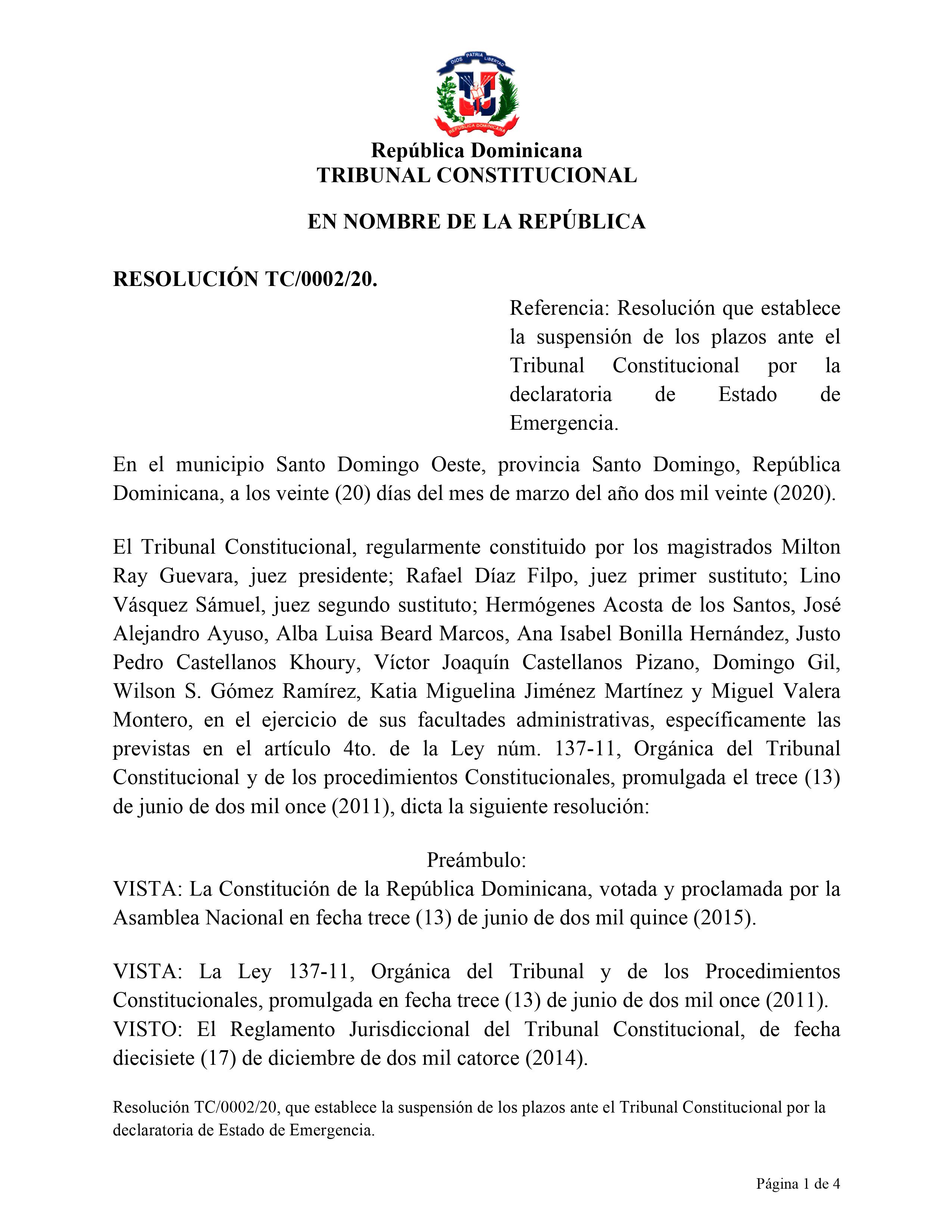 Resolución que establece suspensión de los plazos ante el Tribunal Constitucional por la declaratoria de Estado de Emergencia