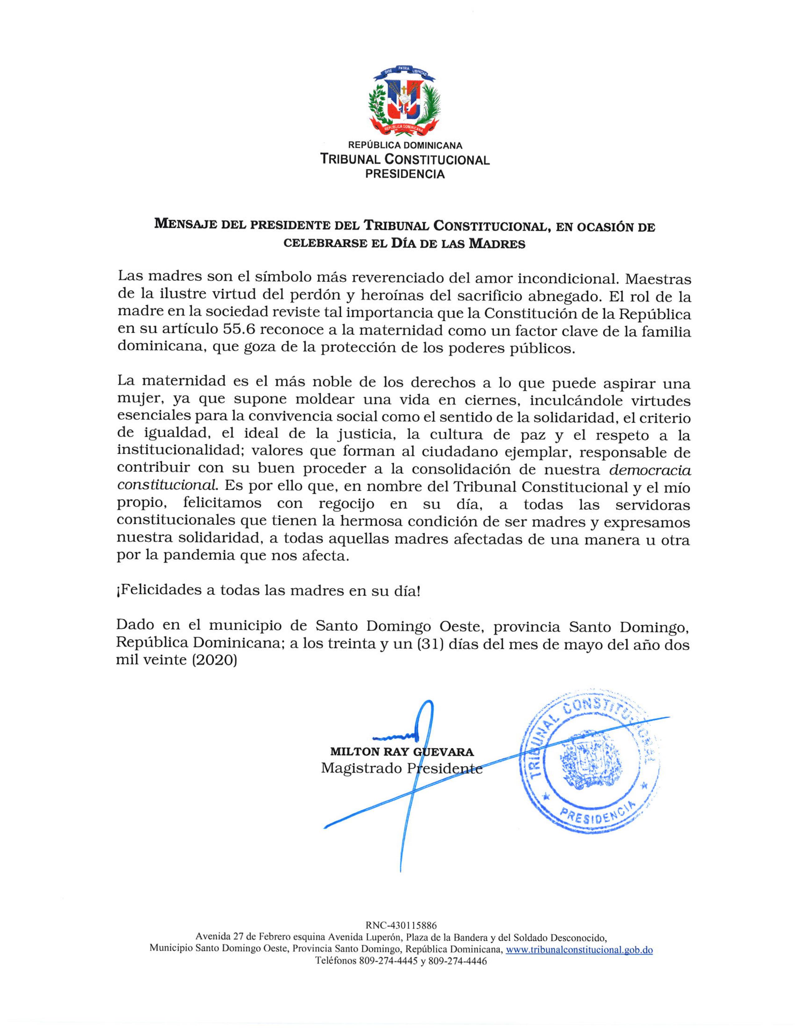 Mensaje del presidente del Tribunal Constitucional, en ocasión de celebrarse el Día de las Madres 2020