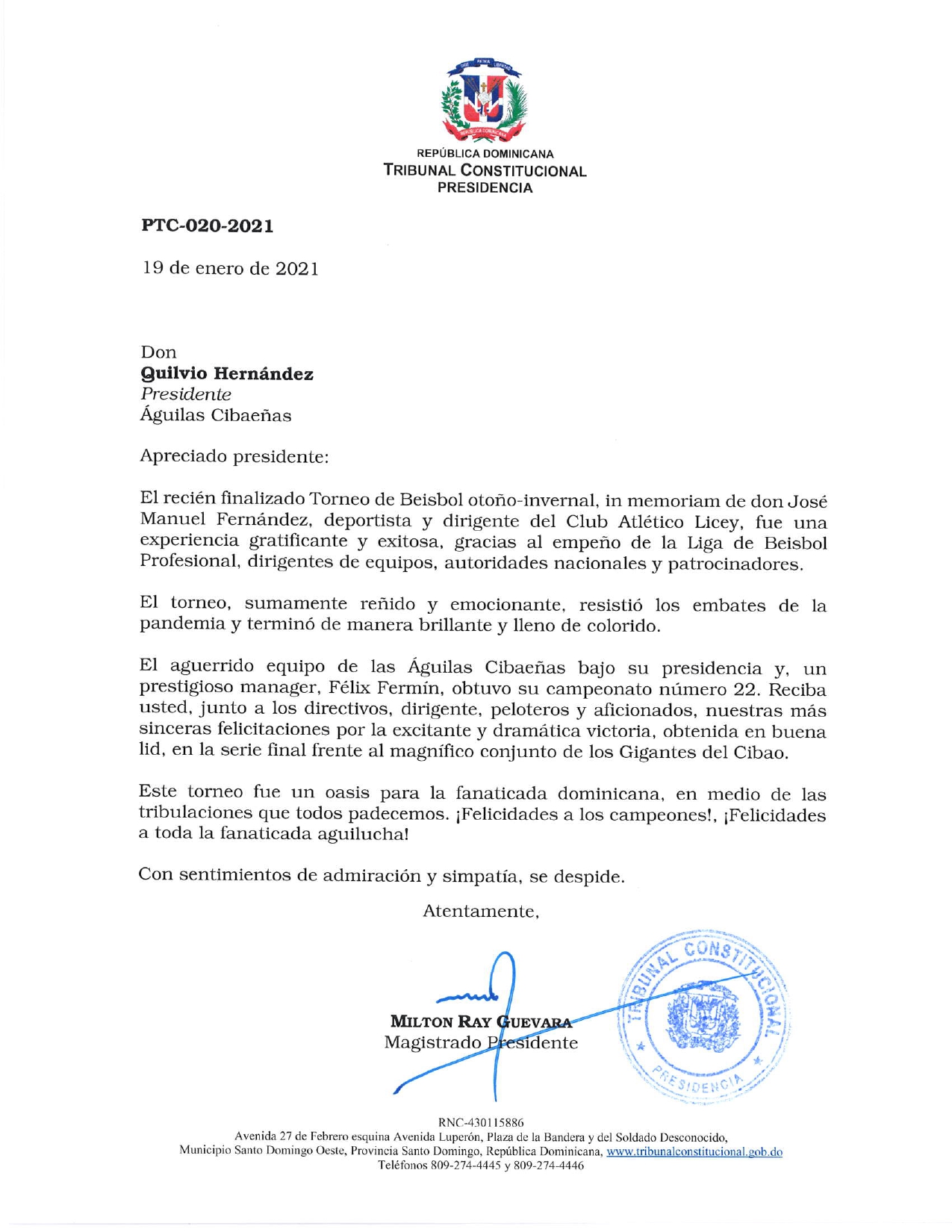 Carta de felicitación a las Águilas Cibaeñas, en ocasión de su triunfo en el Torneo de Béisbol otoño-invernal 2020-2021