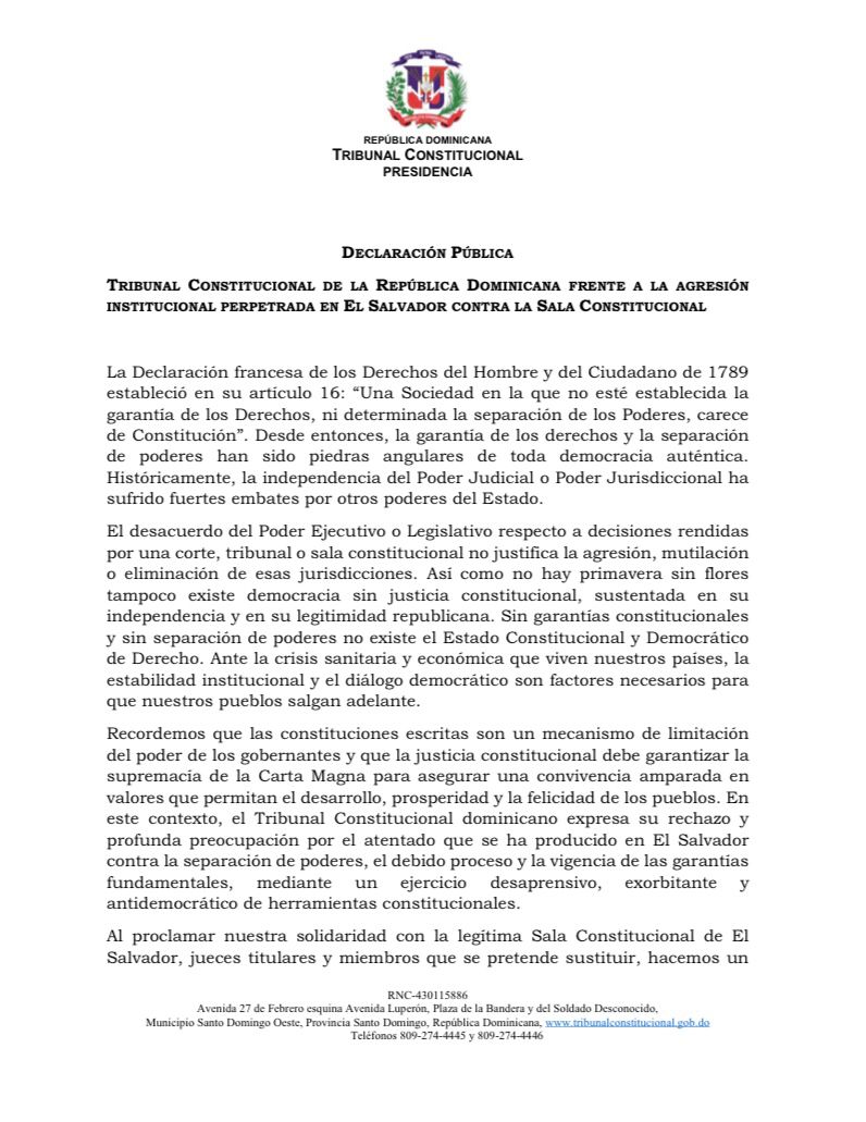 Declaración Pública del Tribunal Constitucional frente a la agresión institucional perpetrada en El Salvador contra la Sala Constitucional