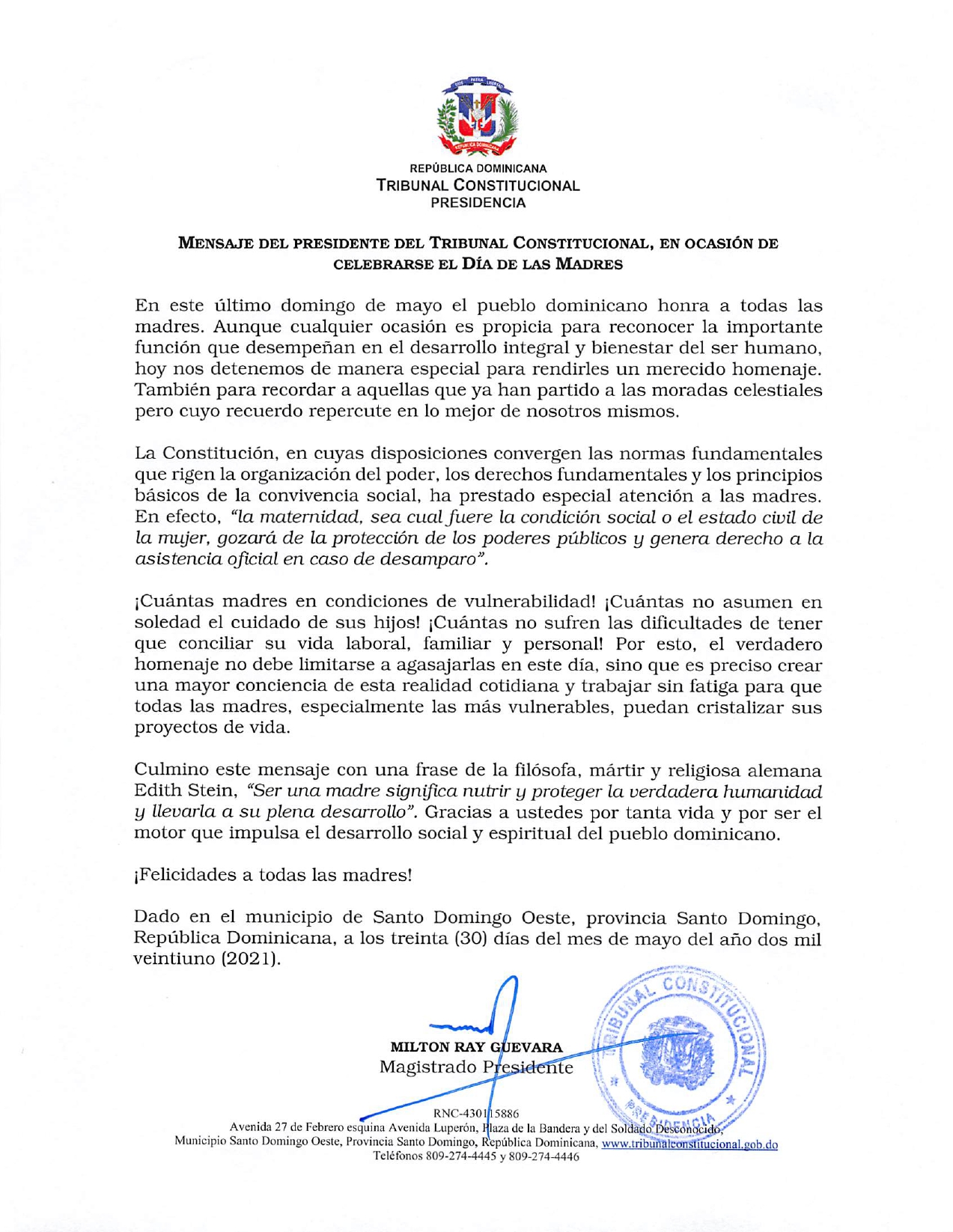 Mensaje del presidente del Tribunal Constitucional, en ocasión de celebrarse el Día de las Madres.