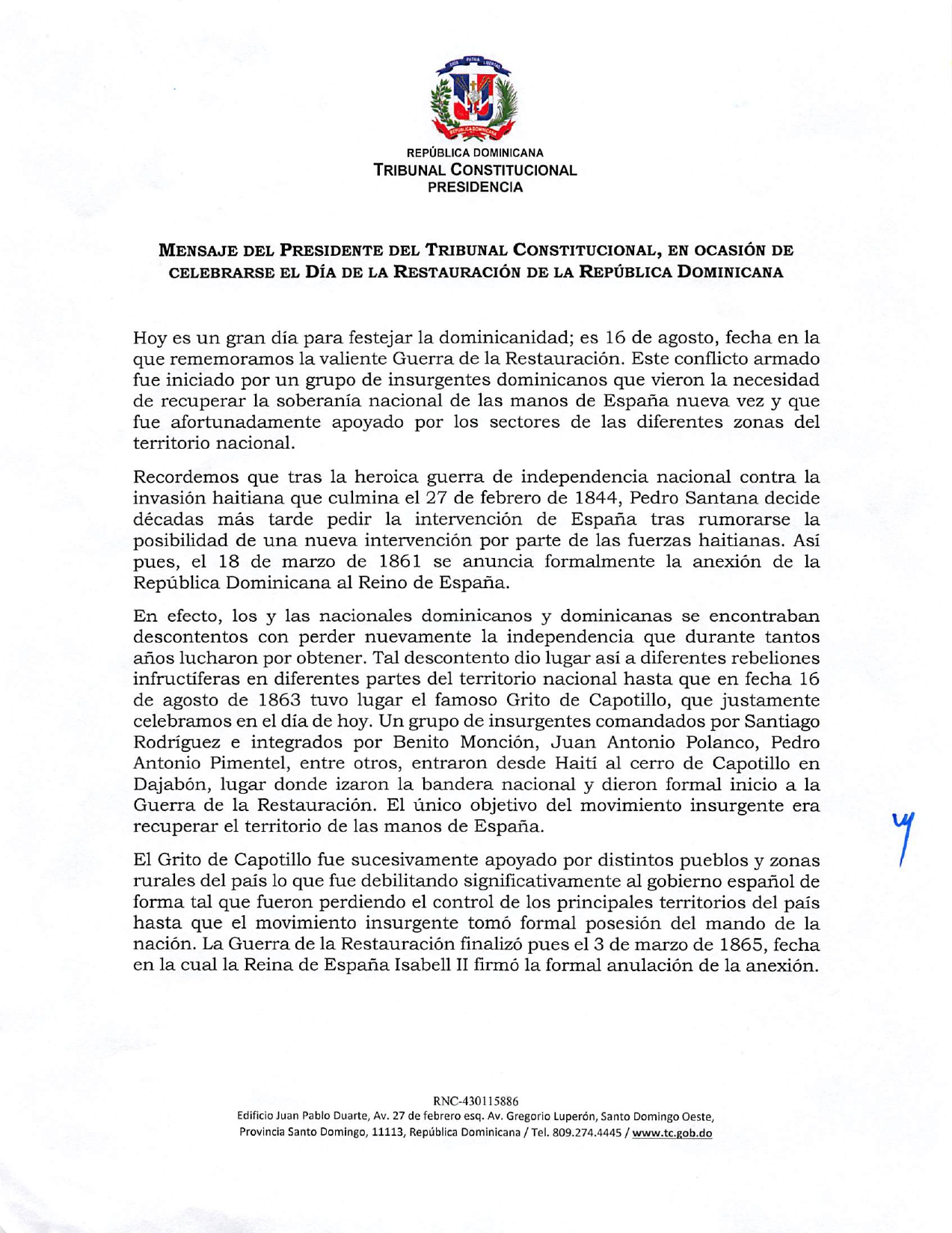 Mensaje del presidente del Tribunal Constitucional, en ocasión de celebrarse el Día de la Restauración.