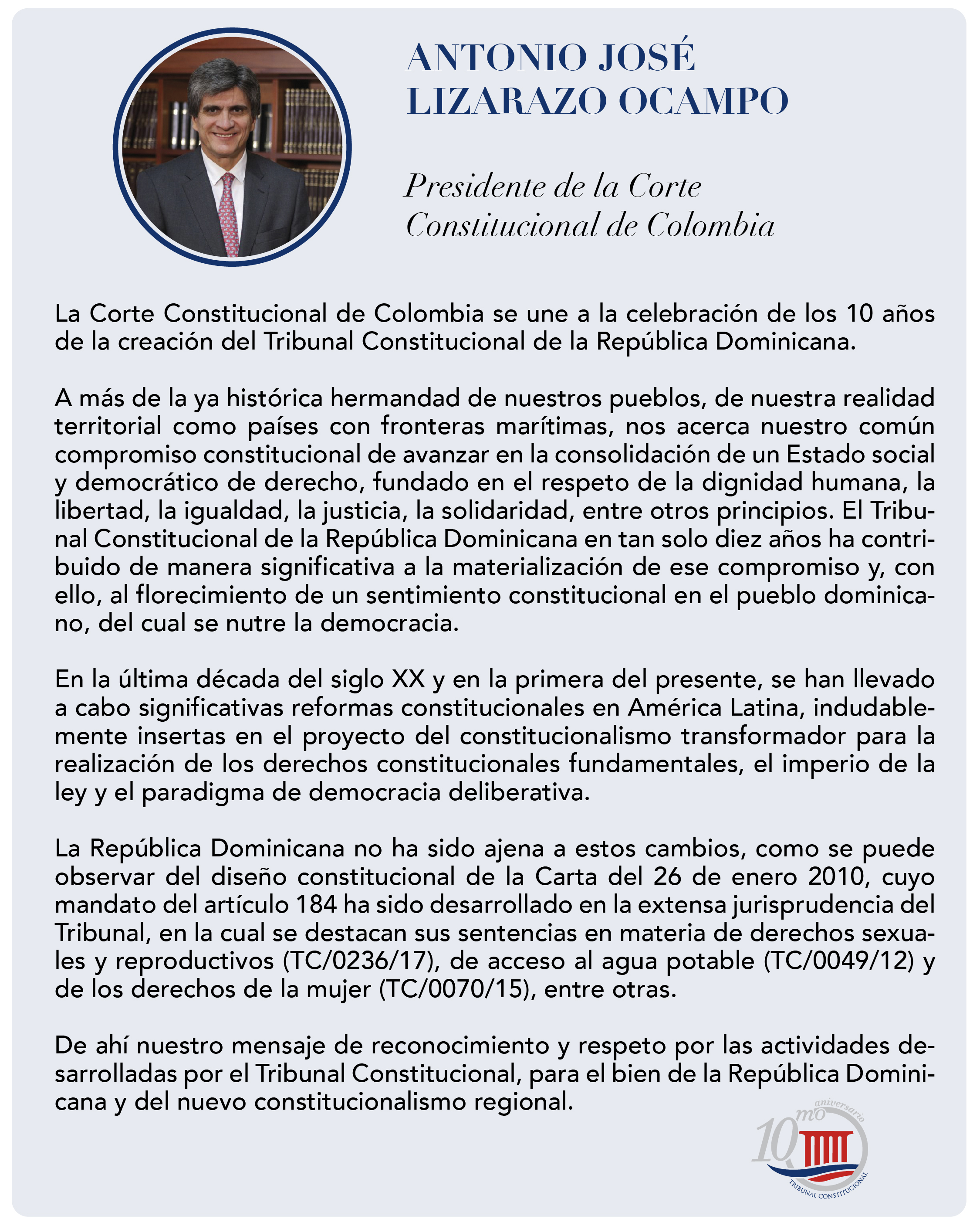 Presidente de la Corte Constitucional de Colombia resalta compromiso del TC hacia la consolidación de un Estado social y democrático de derecho