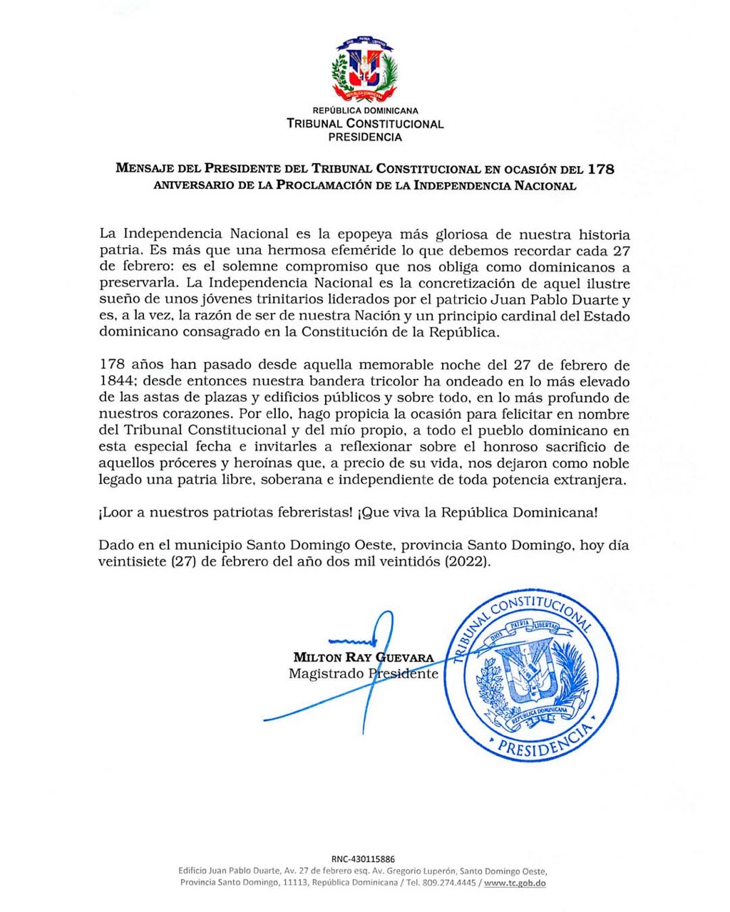 Mensaje del presidente del Tribunal Constitucional en ocasión del 178 aniversario de la proclamación de la independencia nacional