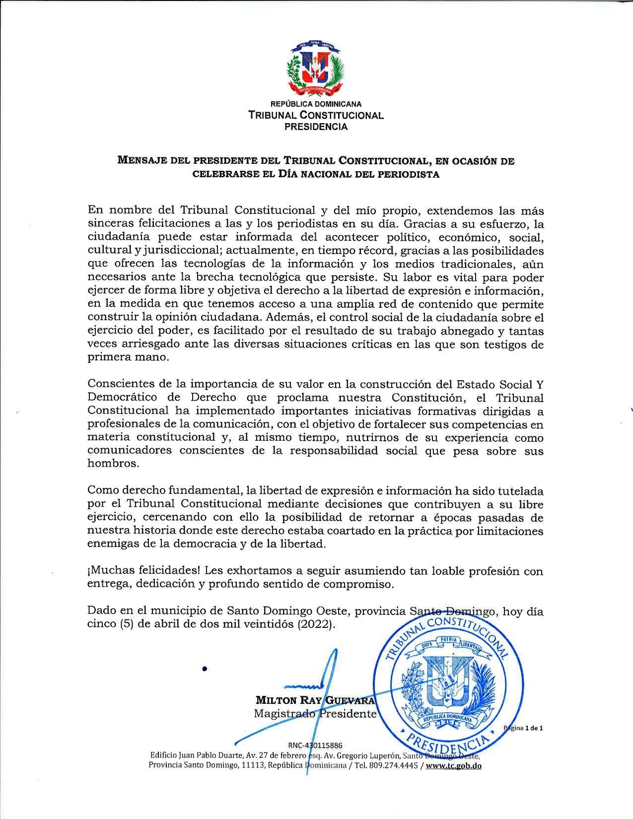 Mensaje del magistrado presidente Tribunal Constitucional, Dr. Milton Ray Guevara, en ocasión de celebrarse el Día Nacional del Periodista