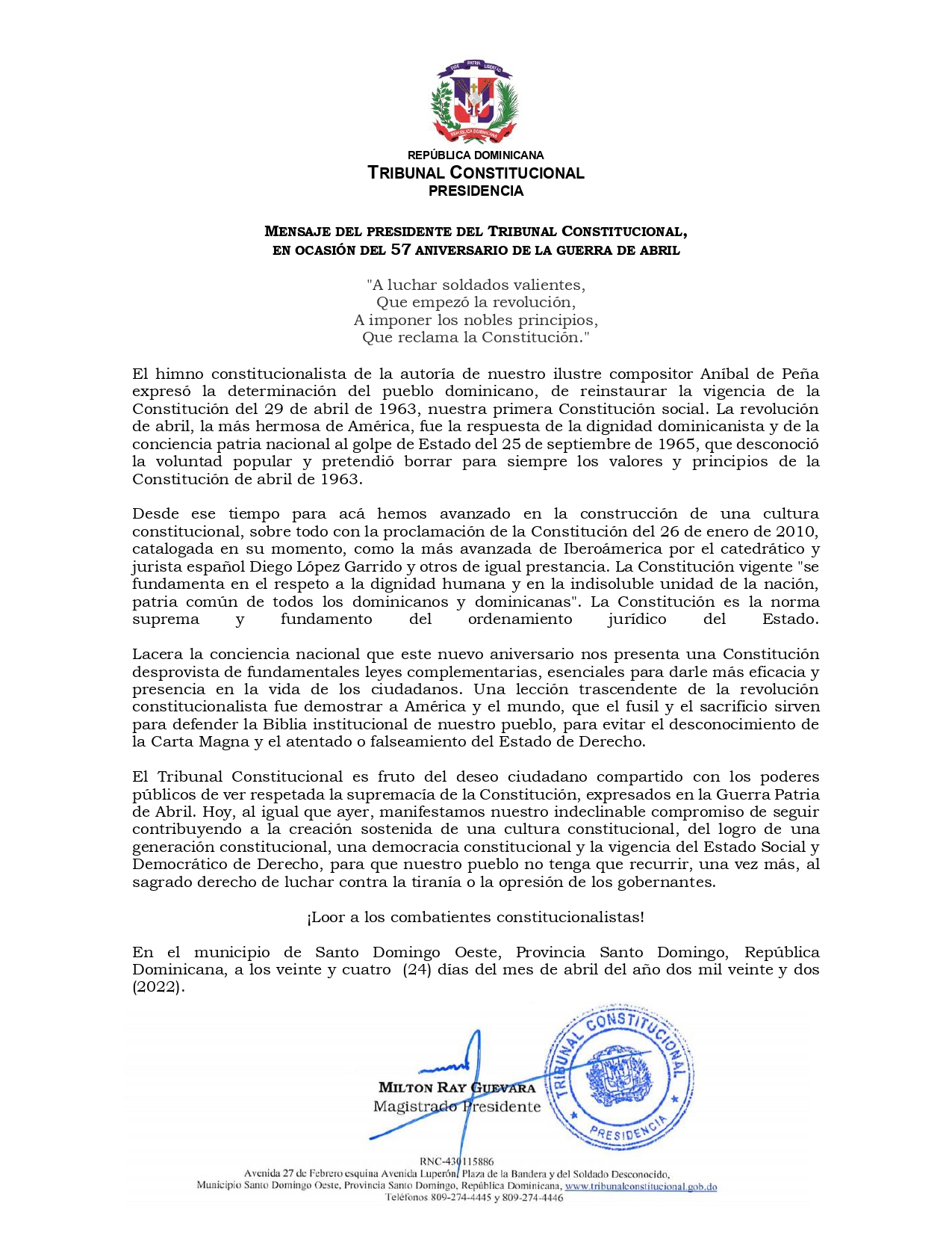 Mensaje del magistrado presidente del Tribunal Constitucional, Dr. Milton Ray Guevara, en ocasión del 57 Aniversario de la Guerra de Abril