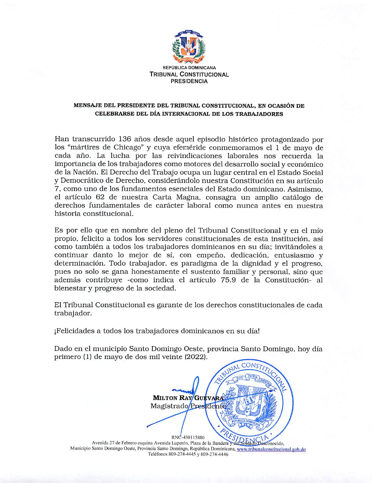 Mensaje del presidente del Tribunal Constitucional, Dr. Milton Ray Guevara, en ocasión de celebrarse el Día Internacional de los Trabajadores.