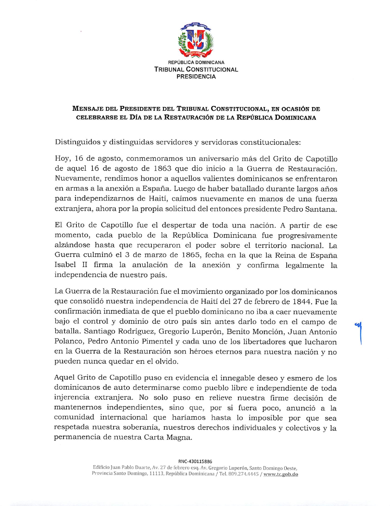 Mensaje del presidente del Tribunal Constituciona, Dr. Milton Ray Guevara, en ocasión del Día de la Restauración