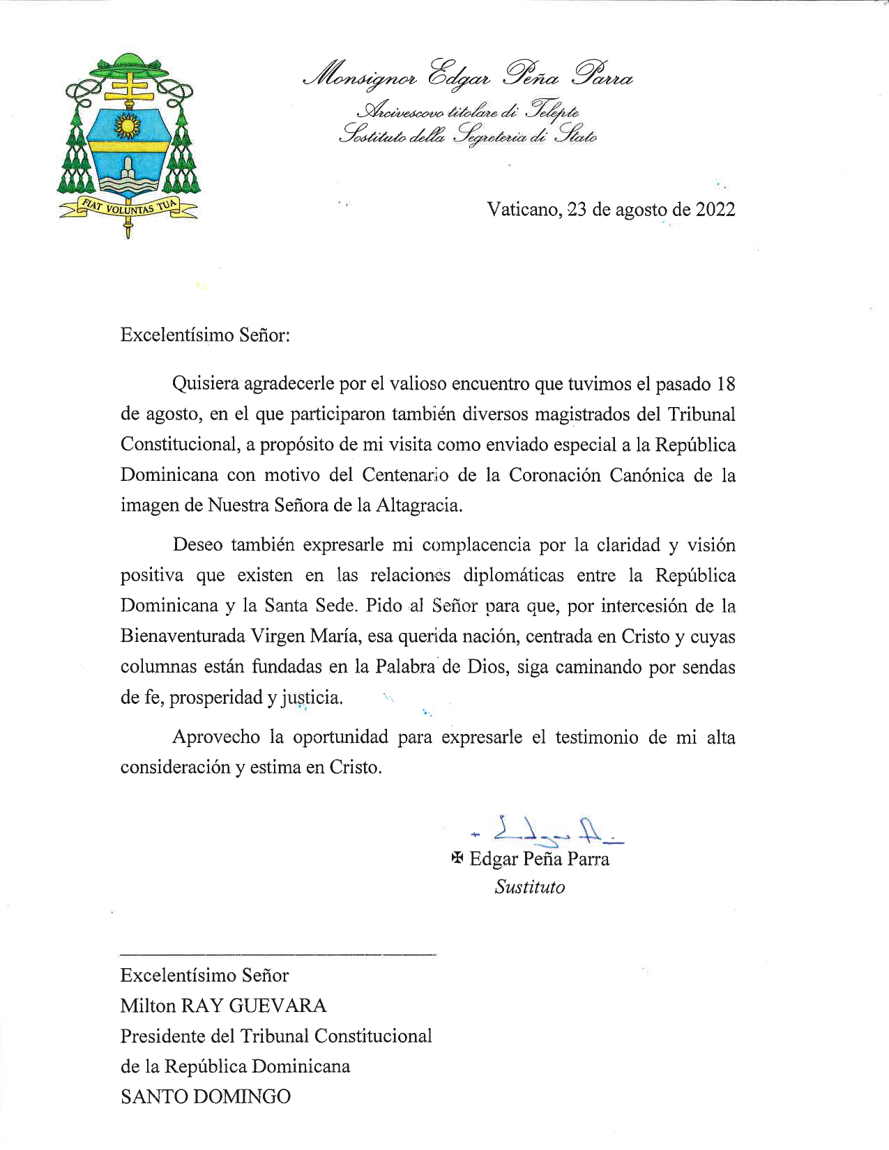 Carta remitida por el S.E. monseñor Edgar Peña Parra, sustituto para los Asuntos Generales de la Secretaría de Estado del Vaticano, delegado del Papa Francisco