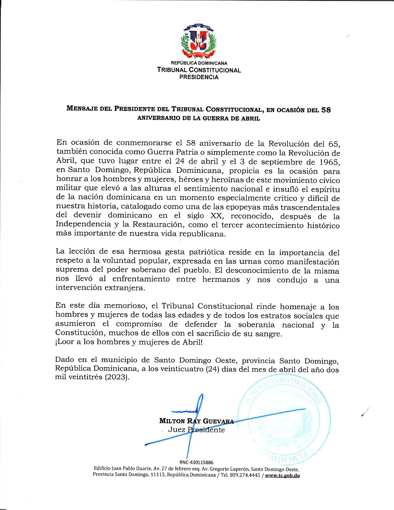 Mensaje del presidente del Tribunal Constitucional, en ocasión de celebrarse el 58 aniversario de la Guerra de Abril.