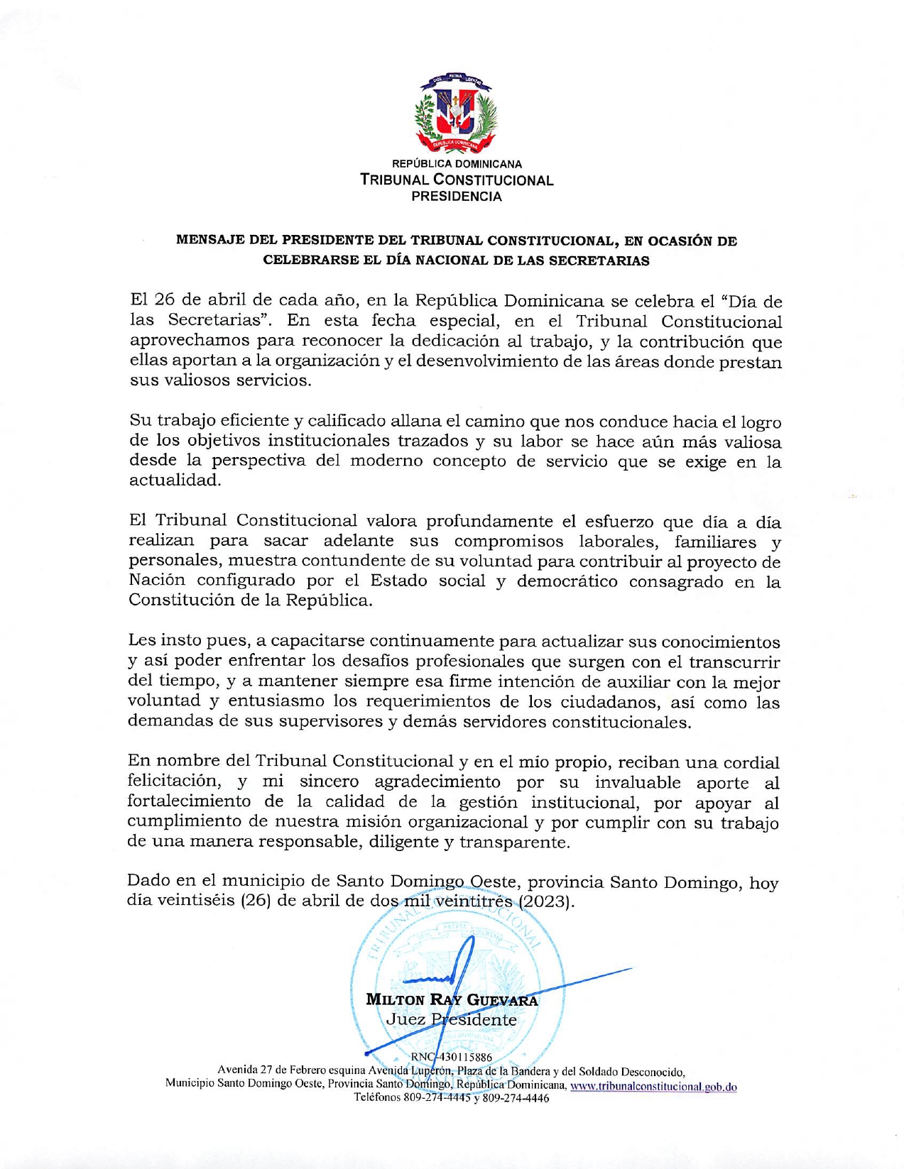 Mensaje del presidente del Tribunal Constitucional, en ocasión de celebrarse el Día Nacional de las Secretarias 2023